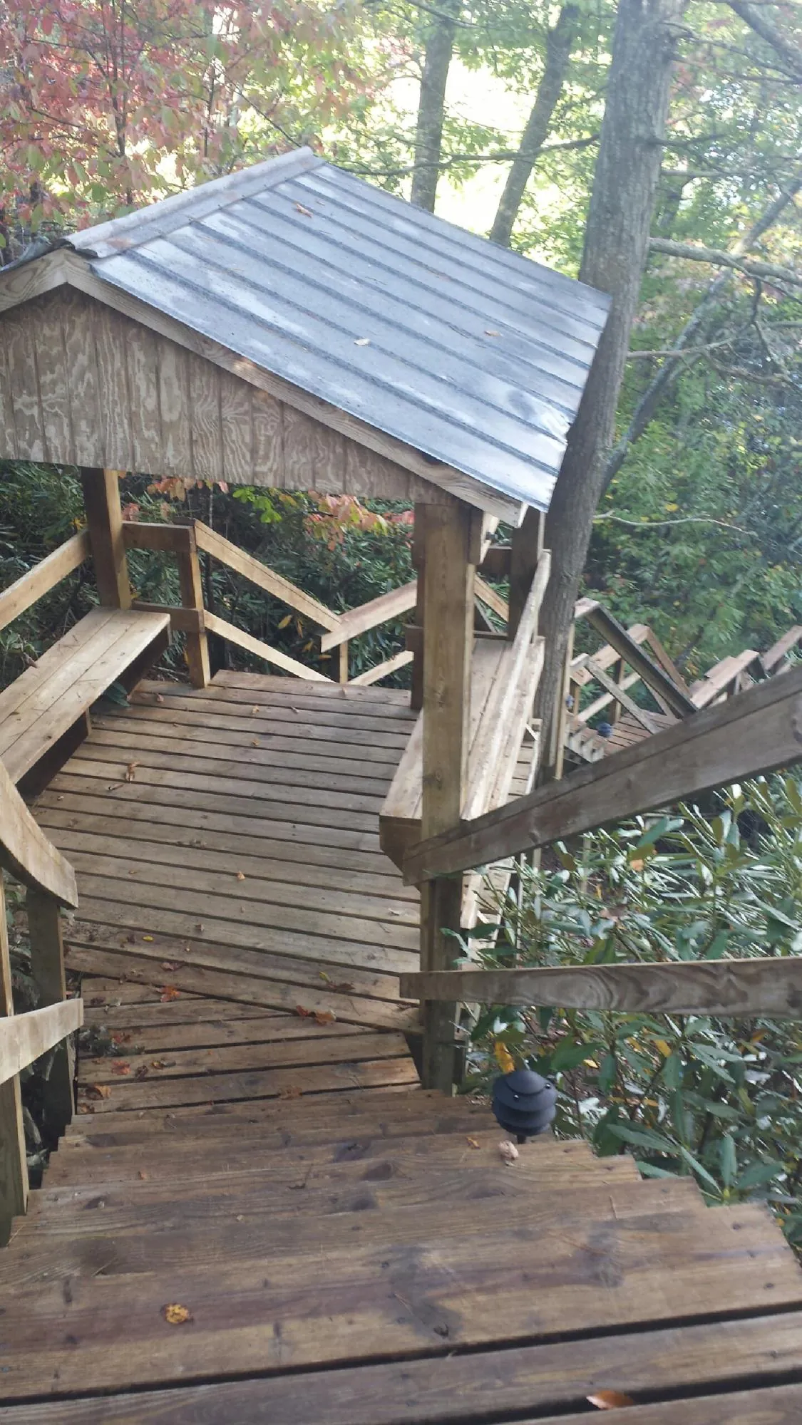 Metal roofed shelter over wooden steps on a wooded walkway — Skylight Repair & Installation work by our crew in Goose Lake